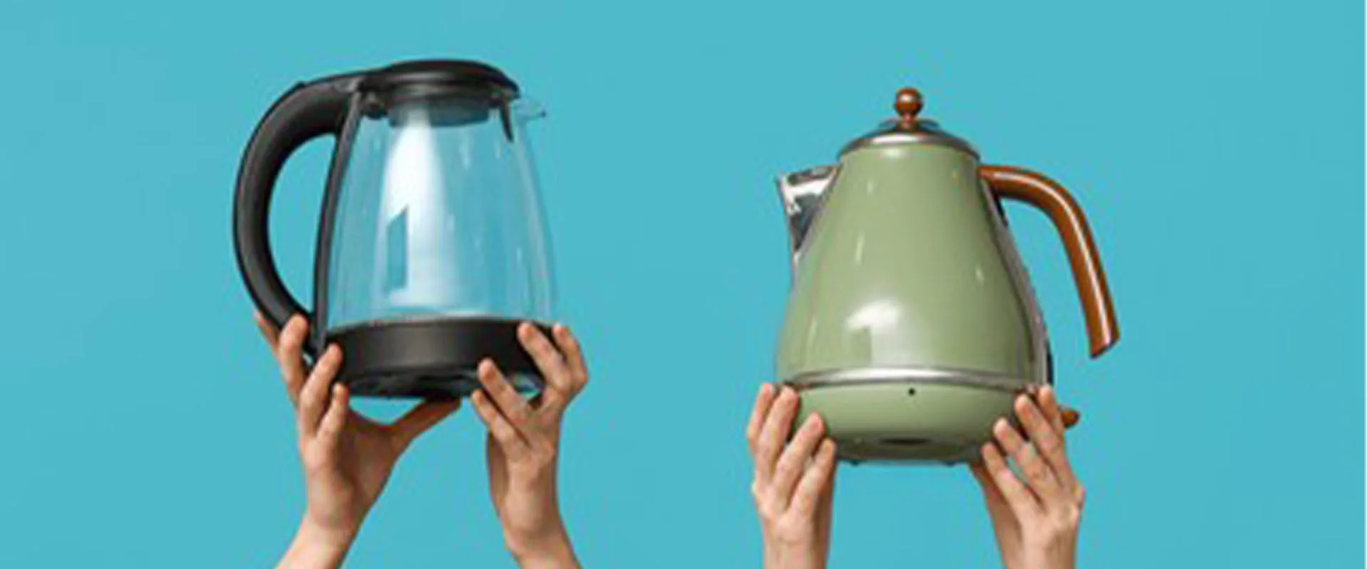Women with electric kettles on blue background