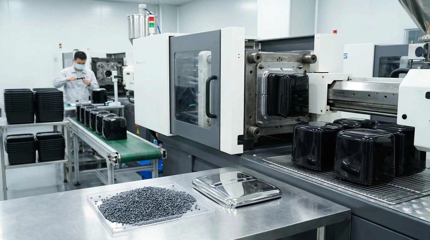 Air fryer plastic housing production with an injection molding machine, raw plastic pellets, and molded outer shell parts