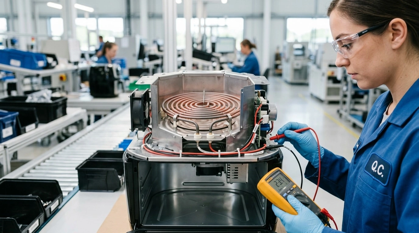 Technician testing an air fryer heating module with an exposed heating coil, wiring, and internal metal chamber