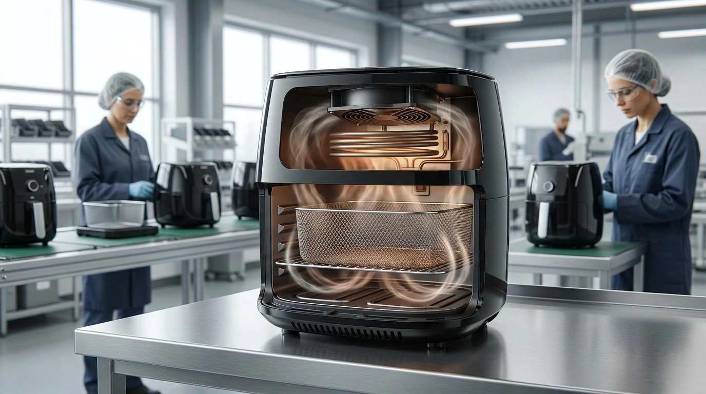 Cutaway air fryer showing the fan, heating element, basket, and hot air circulation inside the cooking chamber