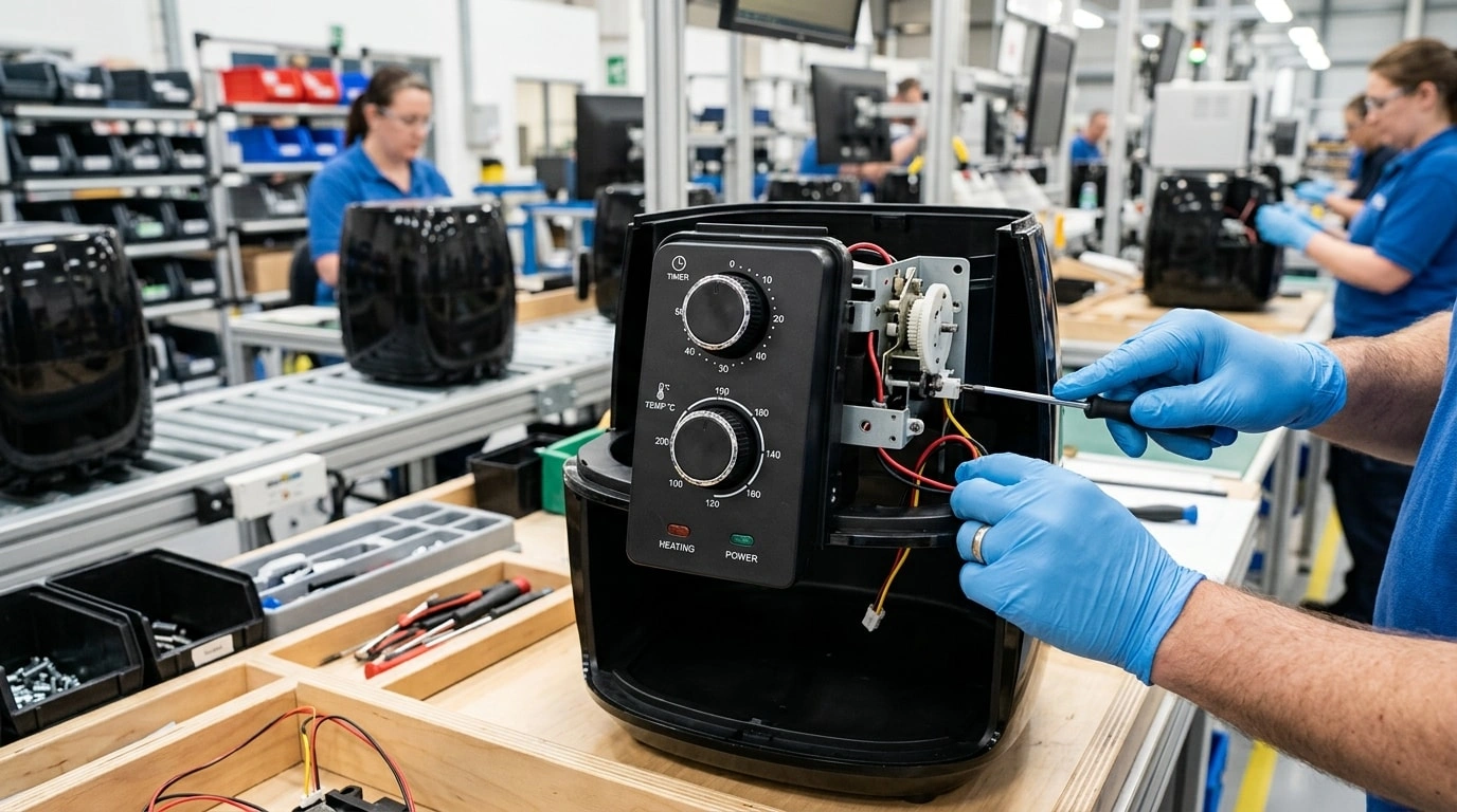 Worker assembling a mechanical air fryer control panel with timer and temperature knobs on the production line