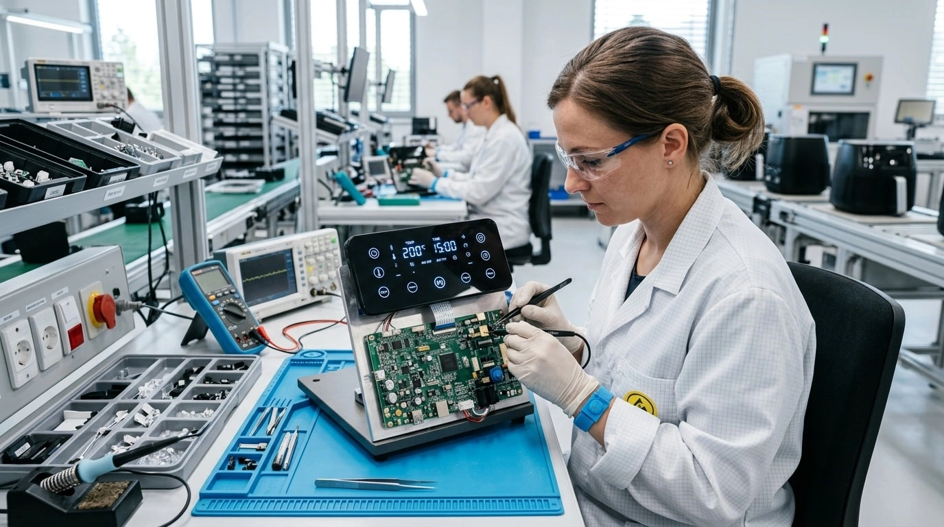 Engineer testing an air fryer digital control panel with a touchscreen display and PCB board at an electronics workstation