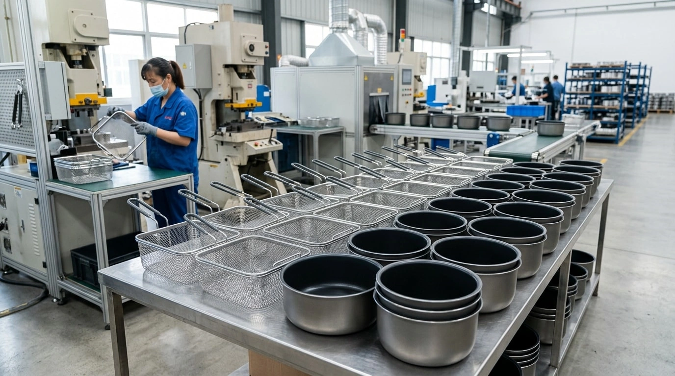 Air fryer baskets and inner liners arranged on a factory table before coating, assembly, or inspection