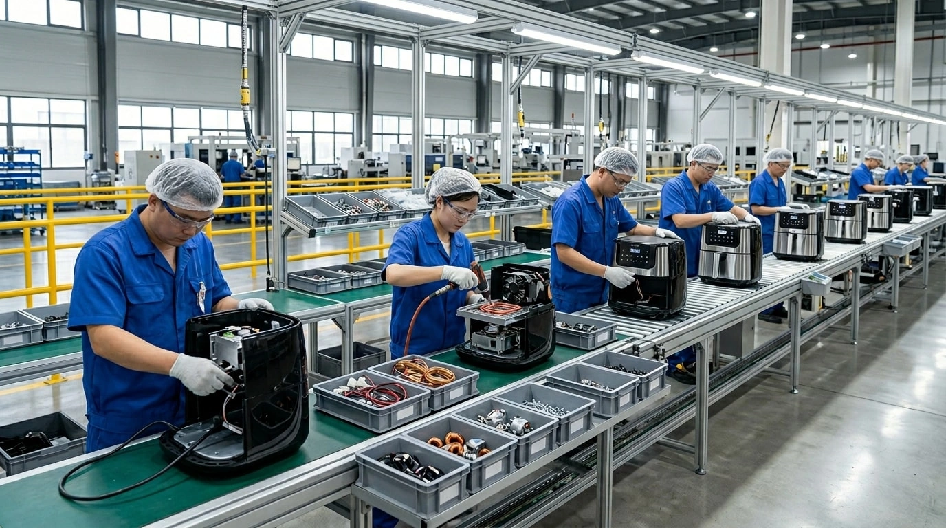 Workers assembling air fryers on a production line with heating components, wiring, and housings at different stages