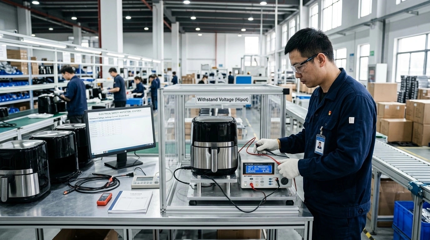 Technician performing withstand voltage safety testing on an air fryer at a quality control station