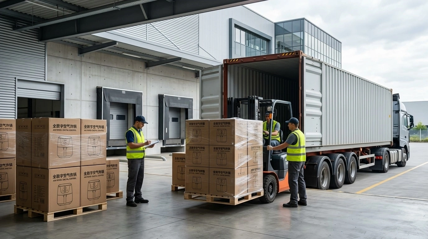 Palletized air fryer cartons being loaded into a shipping container at the factory loading dock for export shipment