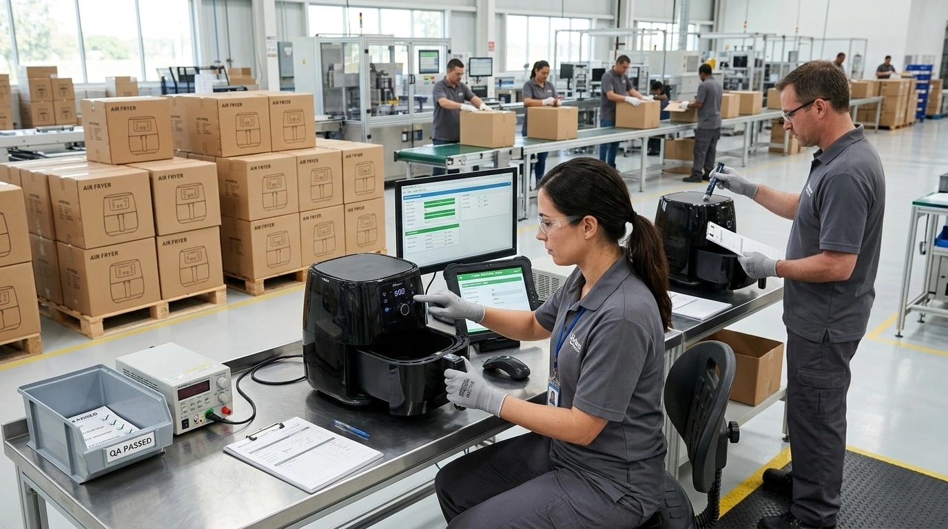 "Quality control staff checking finished air fryers for function, appearance, and packaging before shipment