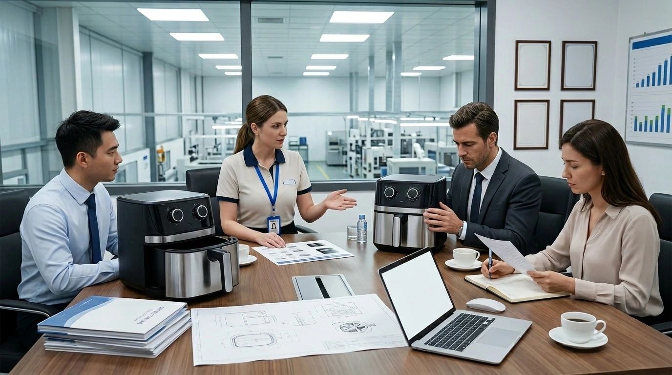 Factory team and overseas buyers reviewing air fryer samples and product specifications in a meeting room overlooking the production workshop