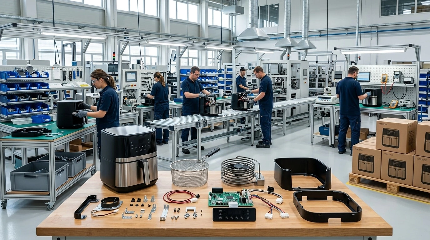 Air fryer factory overview showing finished products, exposed components, and a clean assembly and testing line