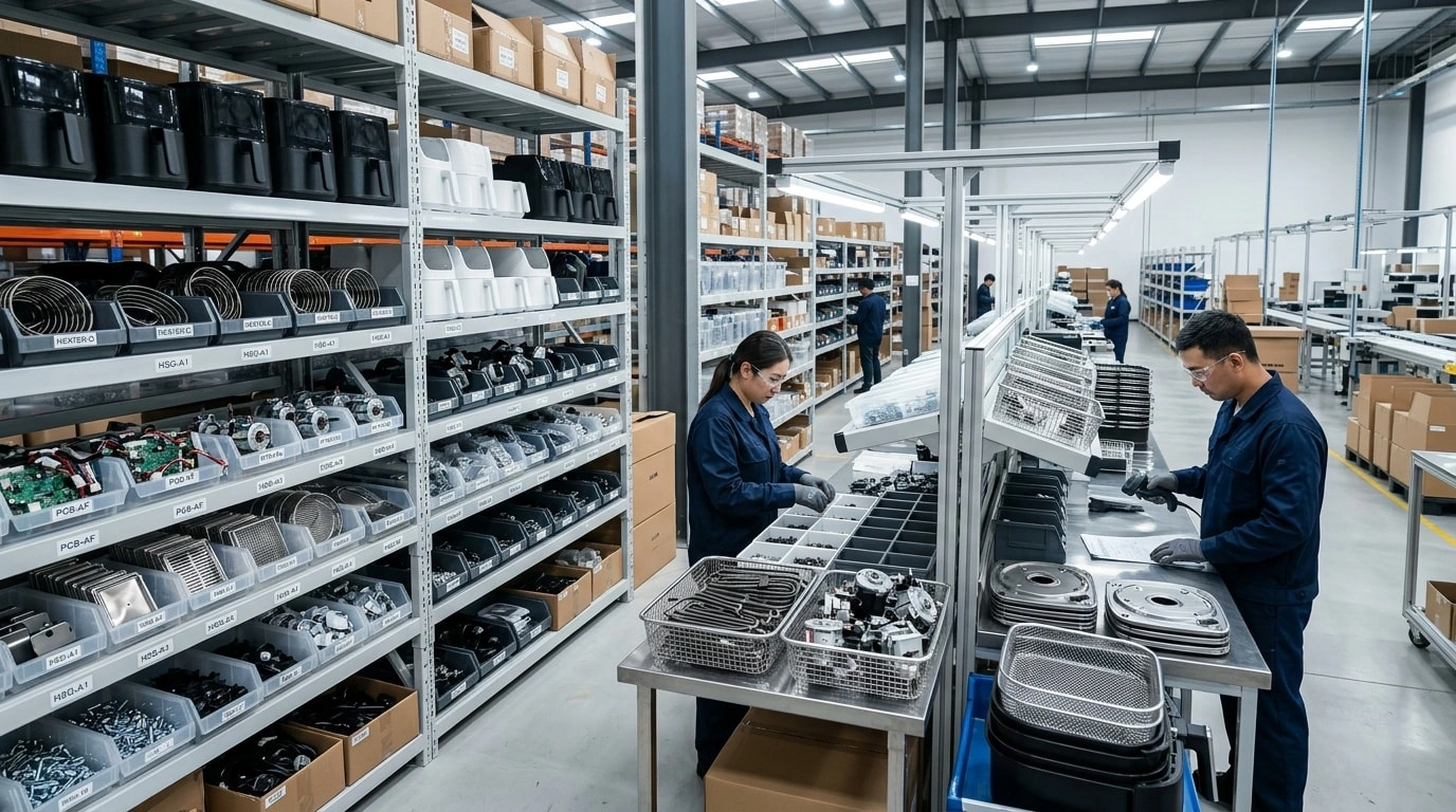 Air fryer components and raw materials organized on factory shelves and inspection tables for sourcing and pre-assembly preparation
