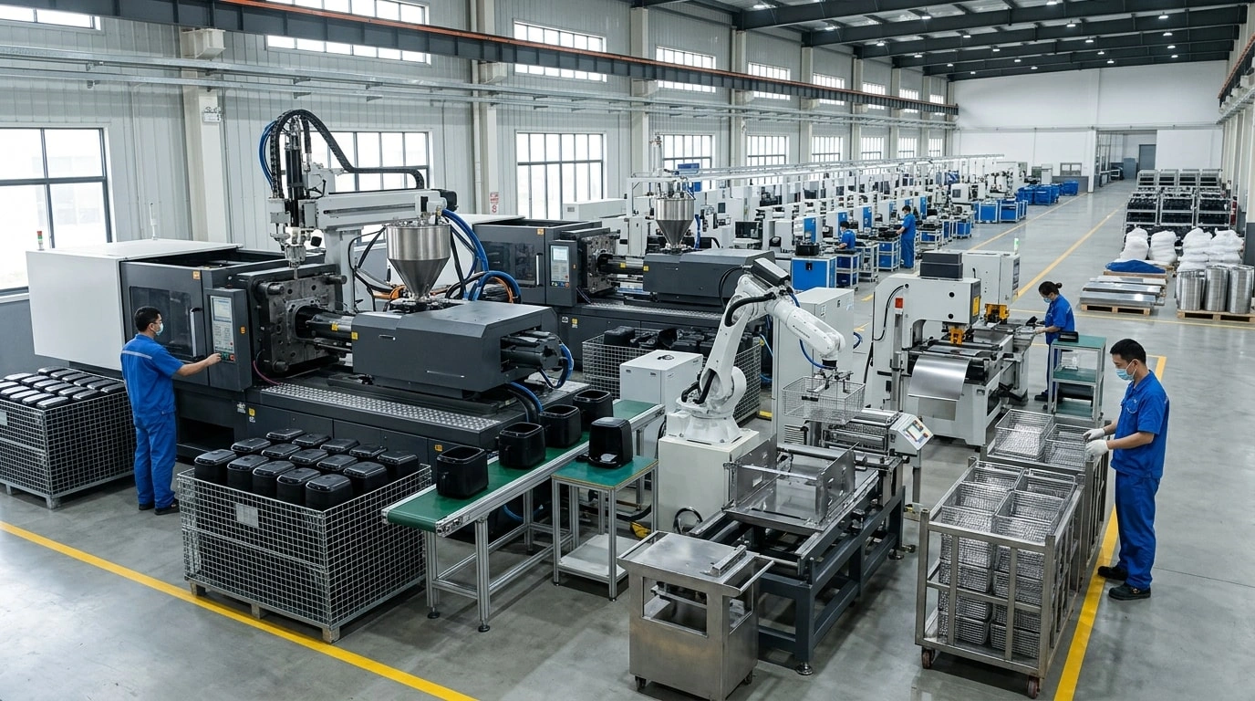 Injection molding machines and automated equipment producing air fryer plastic housings and metal parts in a modern workshop