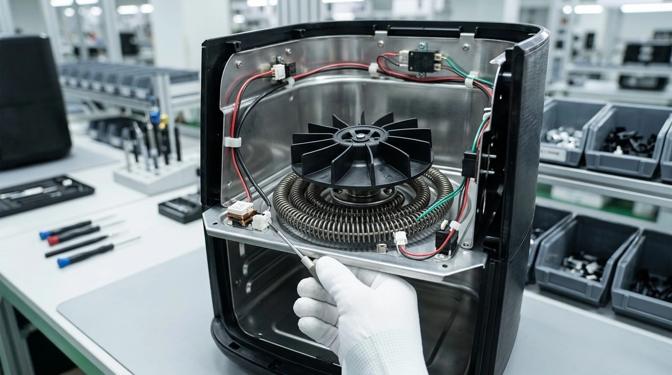 Close-up of an air fryer internal heating system with fan, heating coil, wiring, and stainless steel chamber during assembly