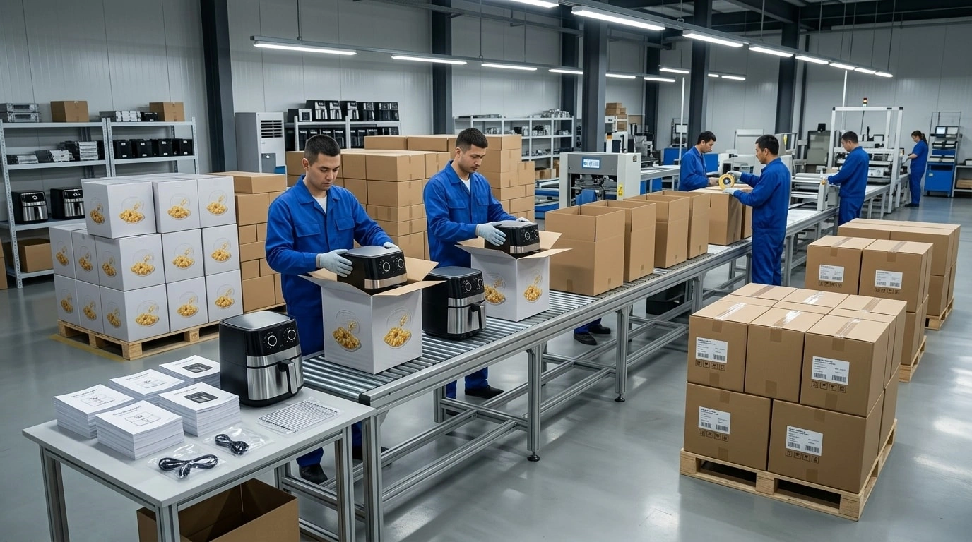 Workers packing finished air fryers into retail boxes and export cartons on an organized packaging line
