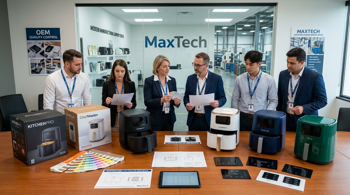 Evaluate Customization & OEM Capabilities OEM air fryer manufacturer team reviewing sample units, packaging options, and color variations in a product meeting room.