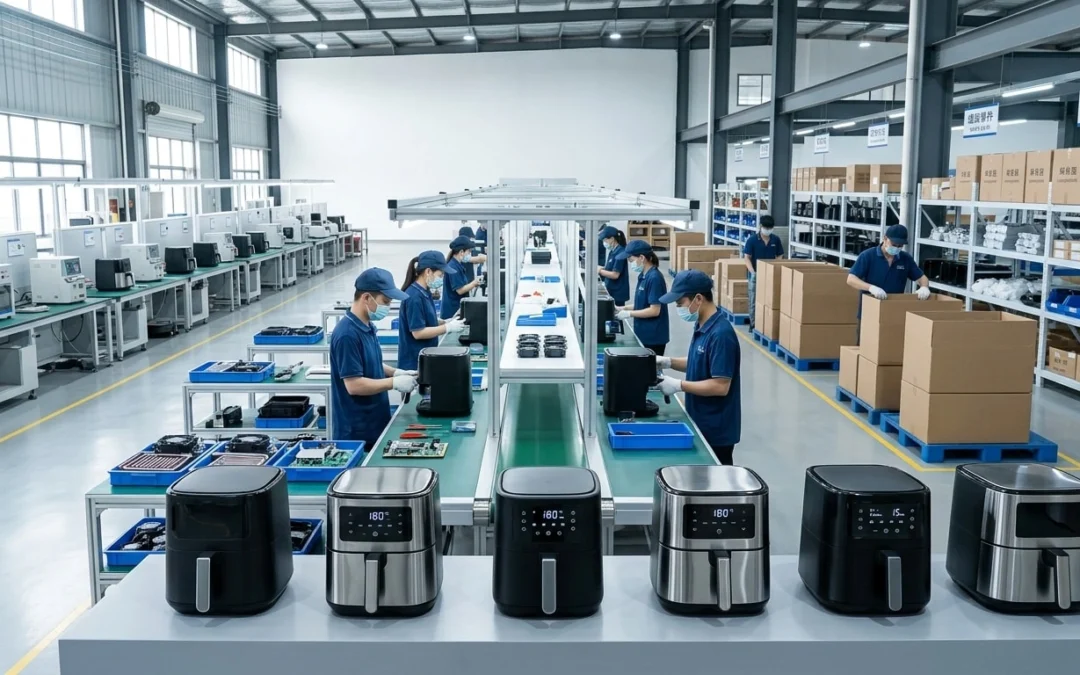 Map of China highlighting Zhejiang and Guangdong air fryer manufacturing clusters with connected supply chain and export logistics.