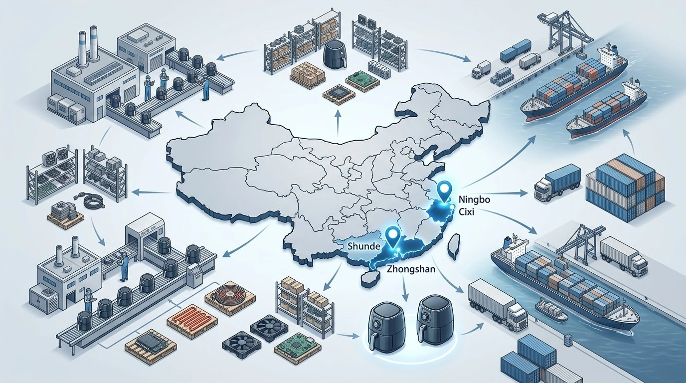 Locate the Core Manufacturing Clusterssinrenn Map of China highlighting Zhejiang and Guangdong air fryer manufacturing clusters with connected supply chain and export logistics.