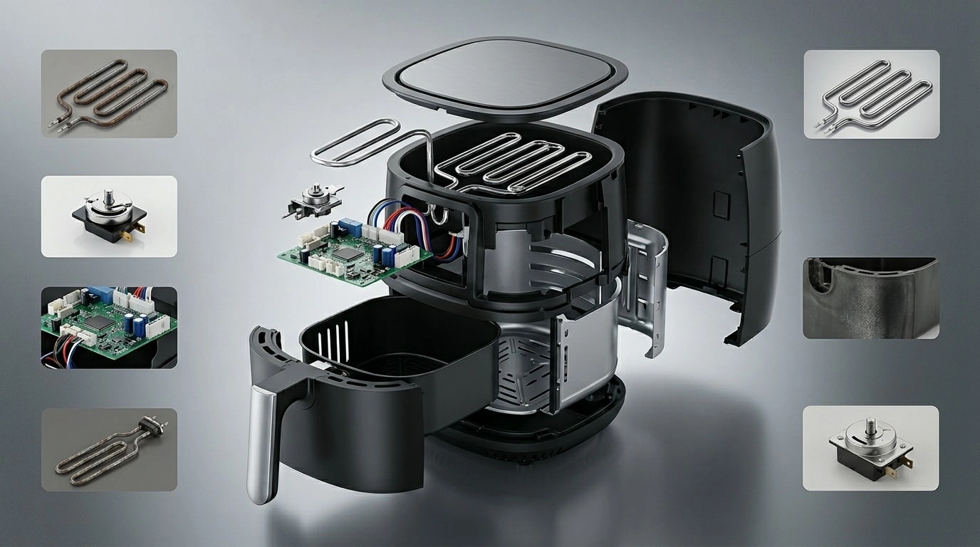 Uncover the Hidden Costs of Core Componentssinrenn Exploded view of an air fryer showing the heating element, control board, thermostat, basket, and housing components.