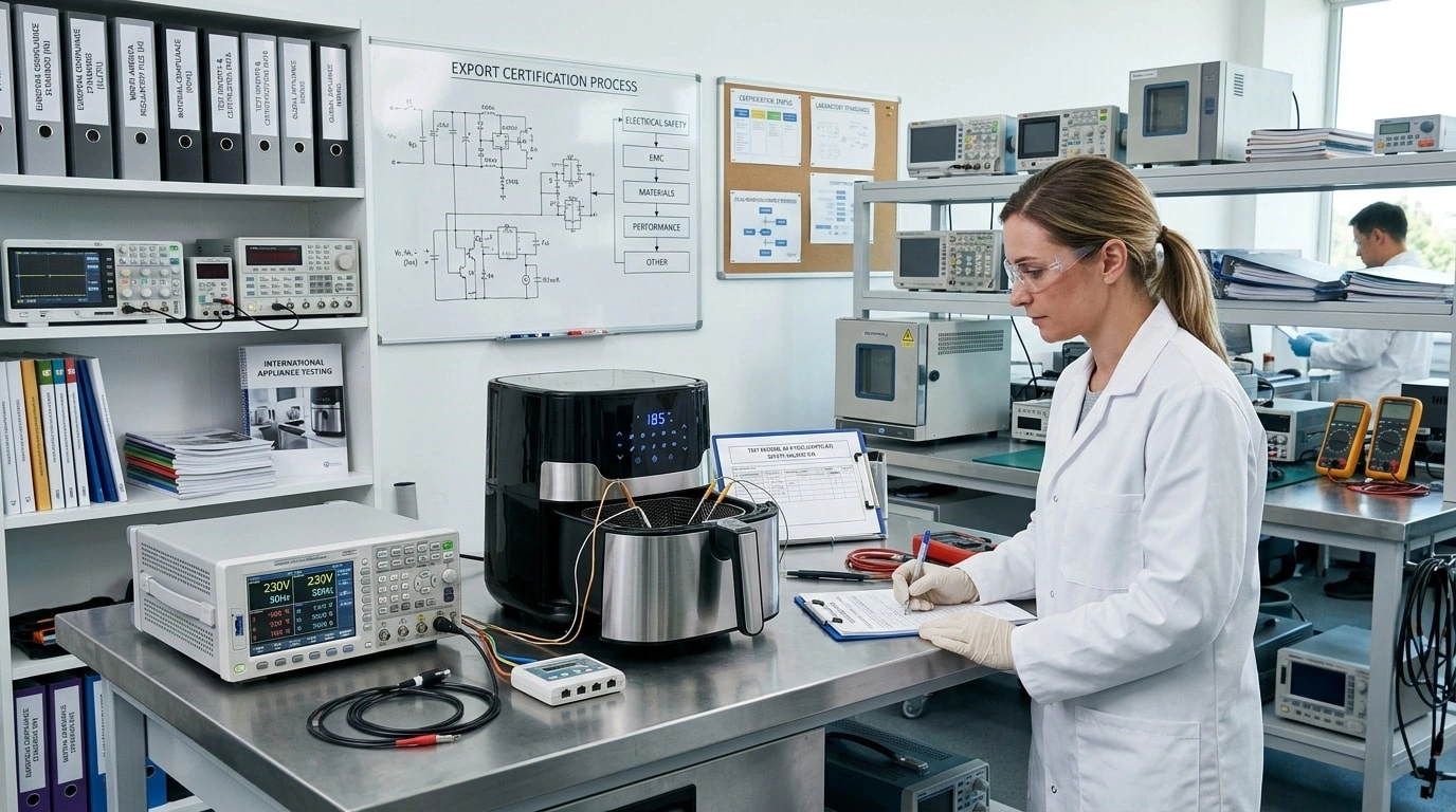 Verify International Compliance & Certificationssinrenn Engineer testing an air fryer in a lab to verify product safety, performance, and international compliance standards.