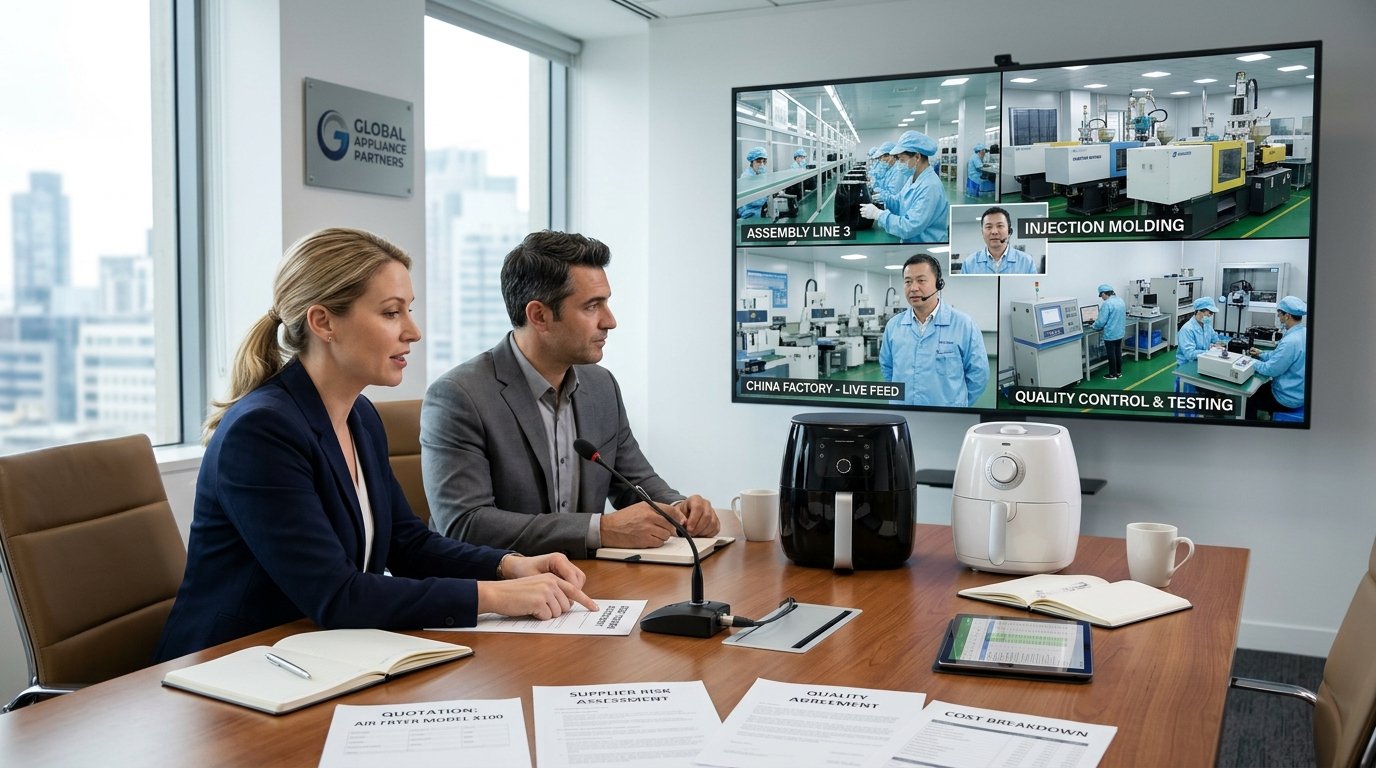 Watch Out for Common Red Flags Buyer reviewing a supplier through a live video factory audit with air fryer samples and production line footage on screen.