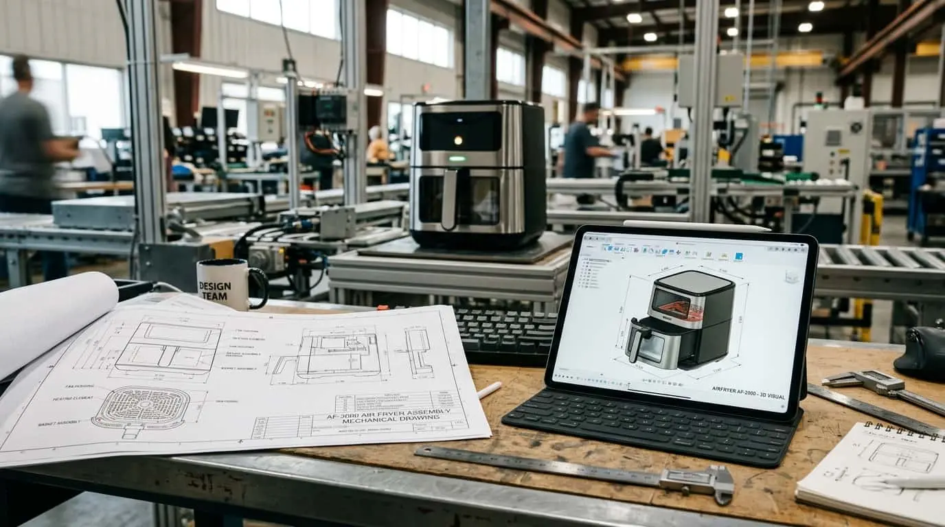 02.The Core Differencesinreen Air fryer plastic housing production with an injection molding machine, raw plastic pellets, and molded outer shell parts