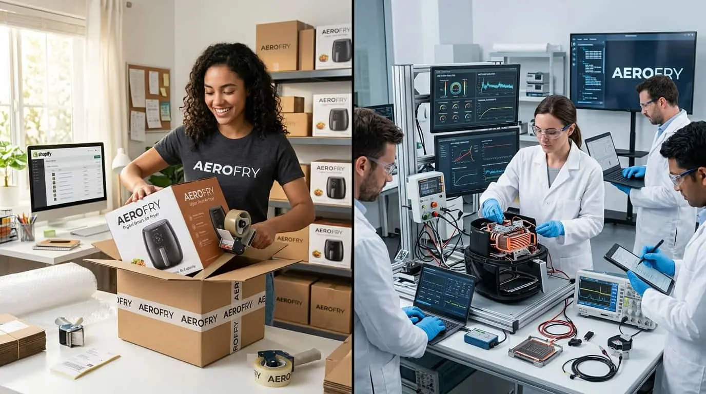 03.New vs. Mature Brandssinreen Worker assembling a mechanical air fryer control panel with timer and temperature knobs on the production line