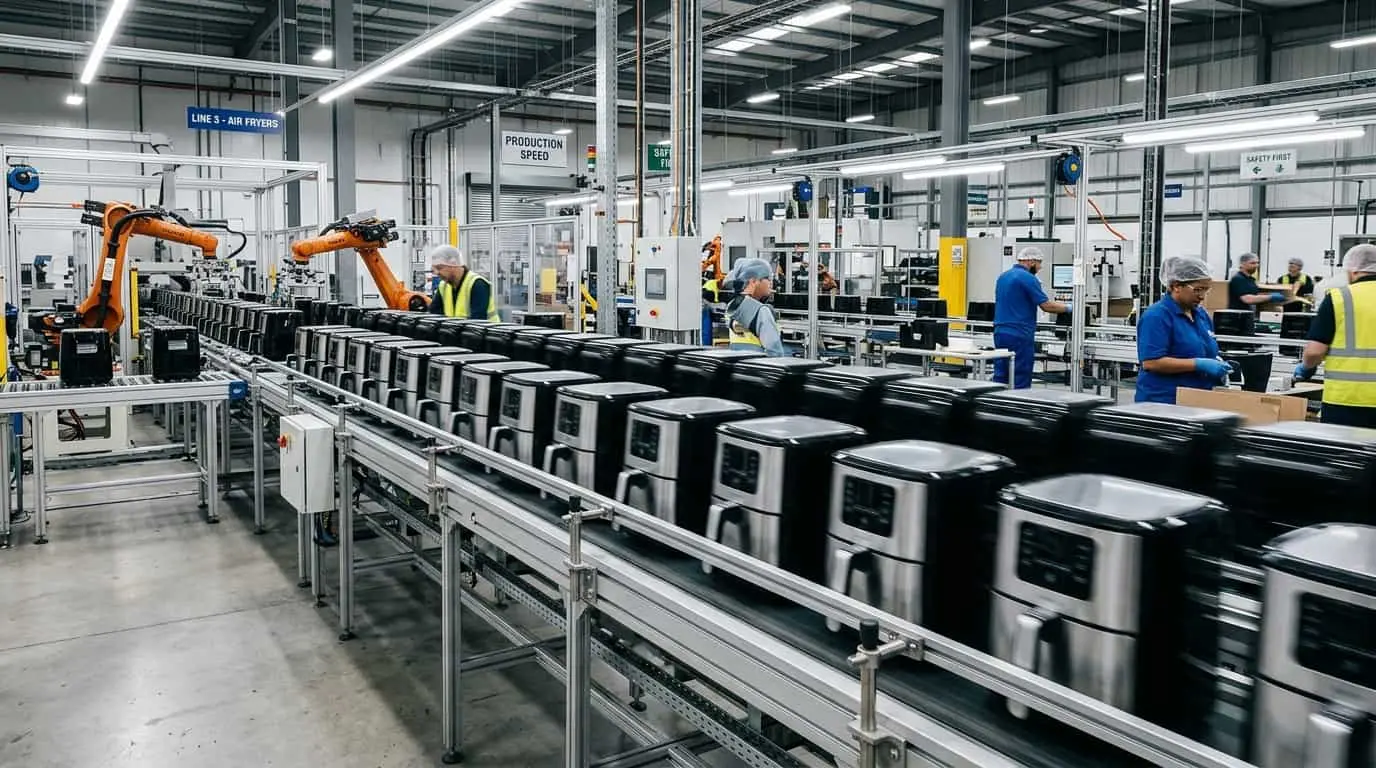05.Customization Lead TimeCustomization Lead Timesinreen Air fryer baskets and inner liners arranged on a factory table before coating, assembly, or inspection