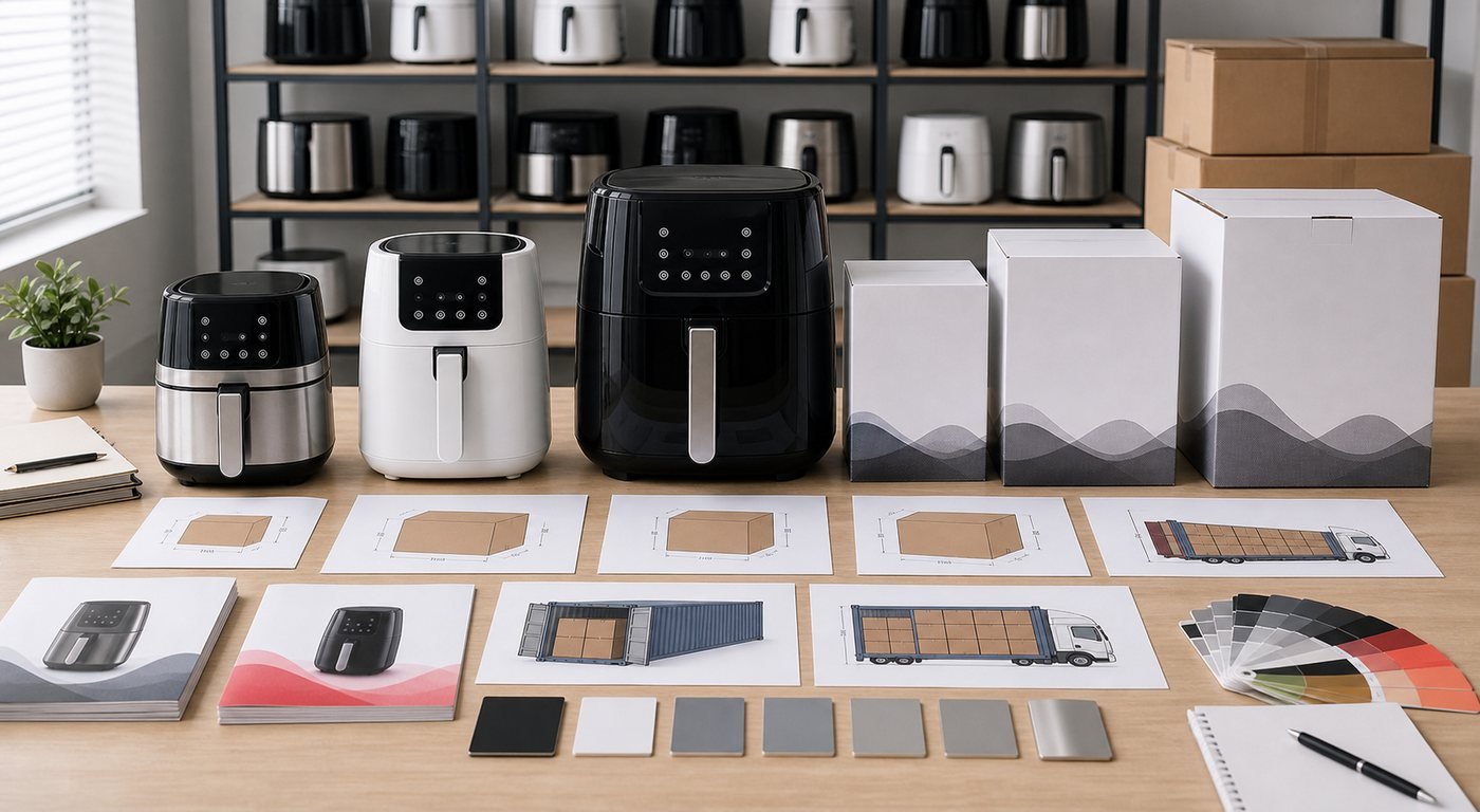 Air fryer capacity selection with carton size and packaging comparison
